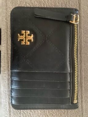 Tory Burch Black Quilted Leather Card Case with Gold Logo and Zip